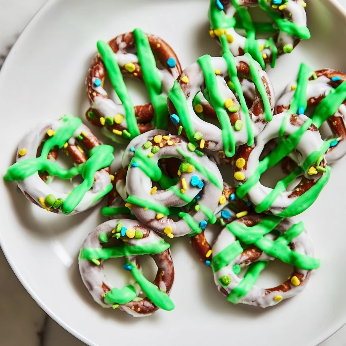 Close-up of Pretzel Treats with Green Chocolate Drizzle, highlighting the smooth, glossy finish and optional rainbow sprinkles for a playful, kid-friendly finish.