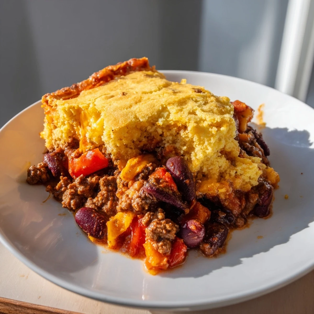 A close-up of a slice of Beef Chili with Cornbread Topping on a plate, revealing the hearty ground beef, beans, and cheddar cheese.  