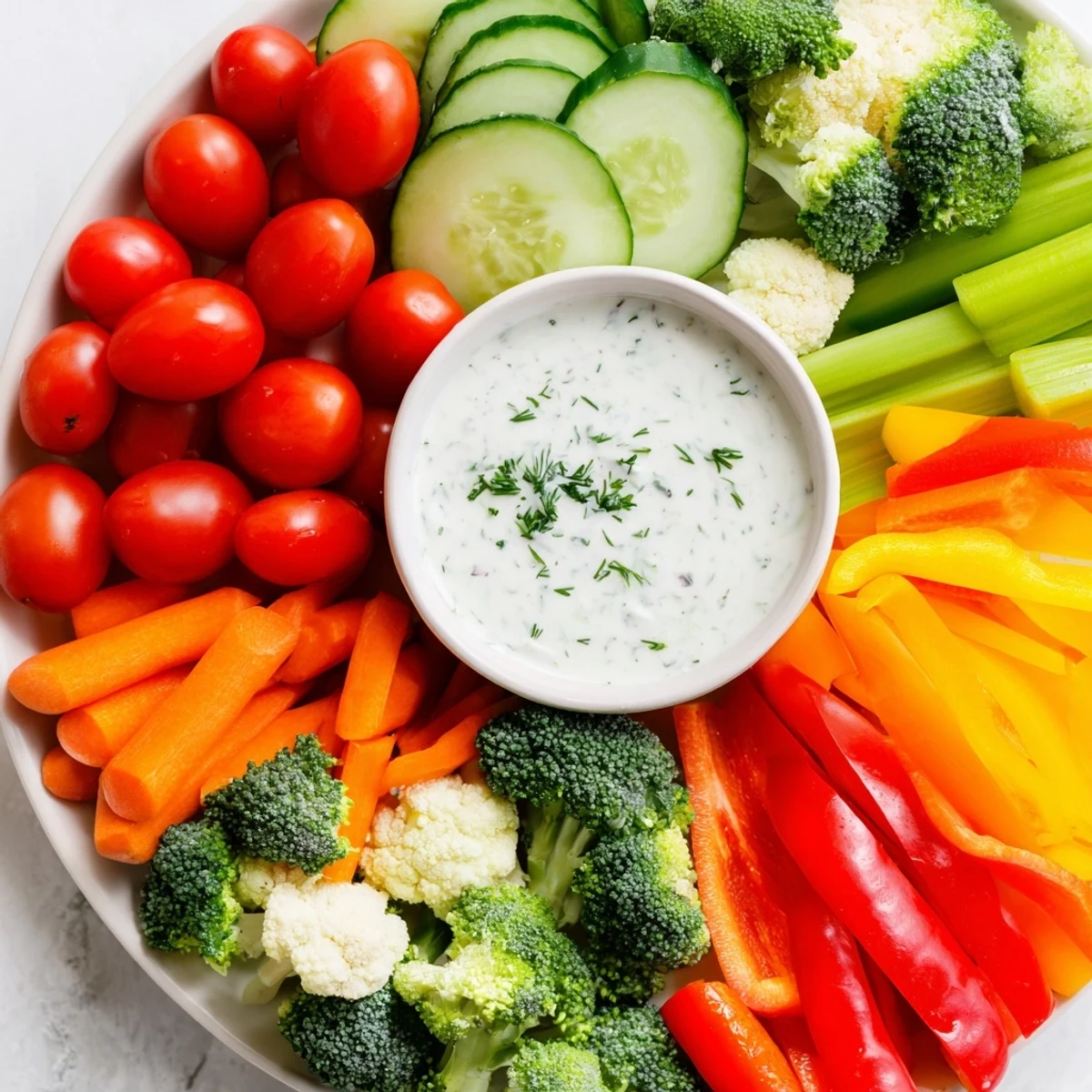 A vibrant Veggie Tray with Ranch Dip showcases crisp carrots, cherry tomatoes, and broccoli florets arranged around a creamy herb-filled dip.