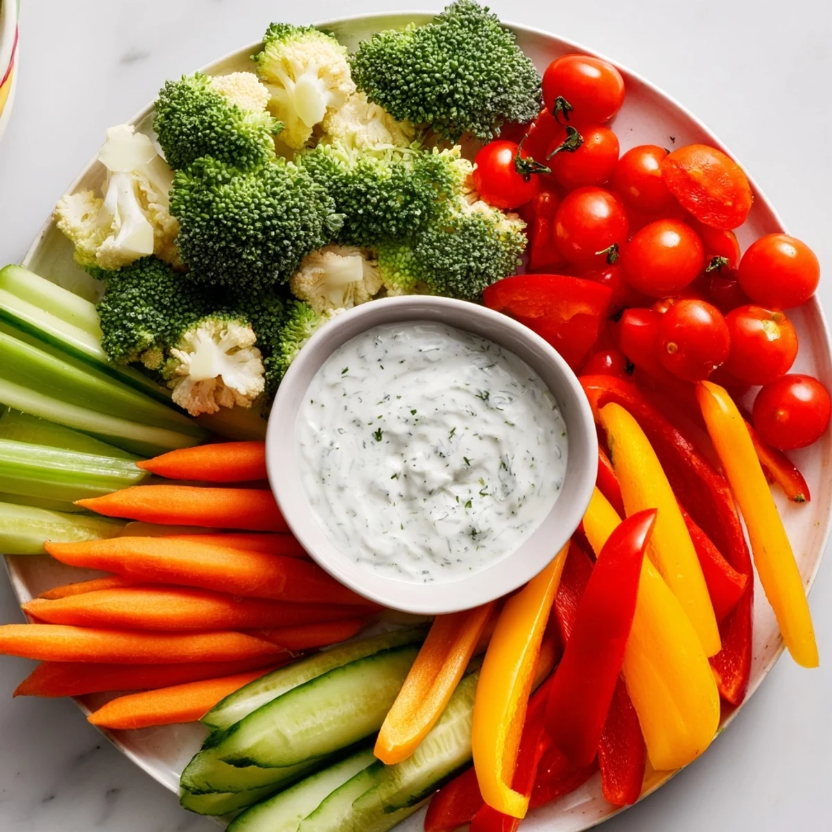 Colorful Veggie Tray with Ranch Dip features sliced cucumbers, celery, and bell peppers, ready for a healthy party snack or picnic.