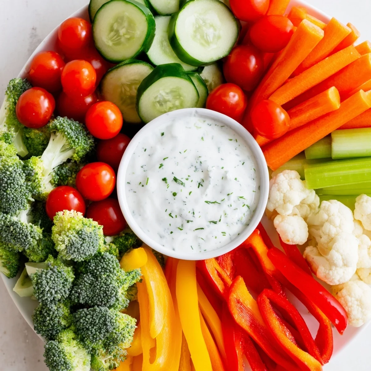 Fresh Veggie Tray with Ranch Dip includes crunchy vegetables and a small bowl of creamy, homemade ranch dip perfect for dipping.