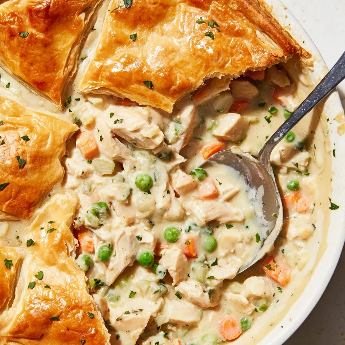 Homemade Chicken Pot Pie with Biscuit Crust bubbling from the oven, its golden, flaky biscuits crowning a creamy filling of chicken, peas, and carrots.