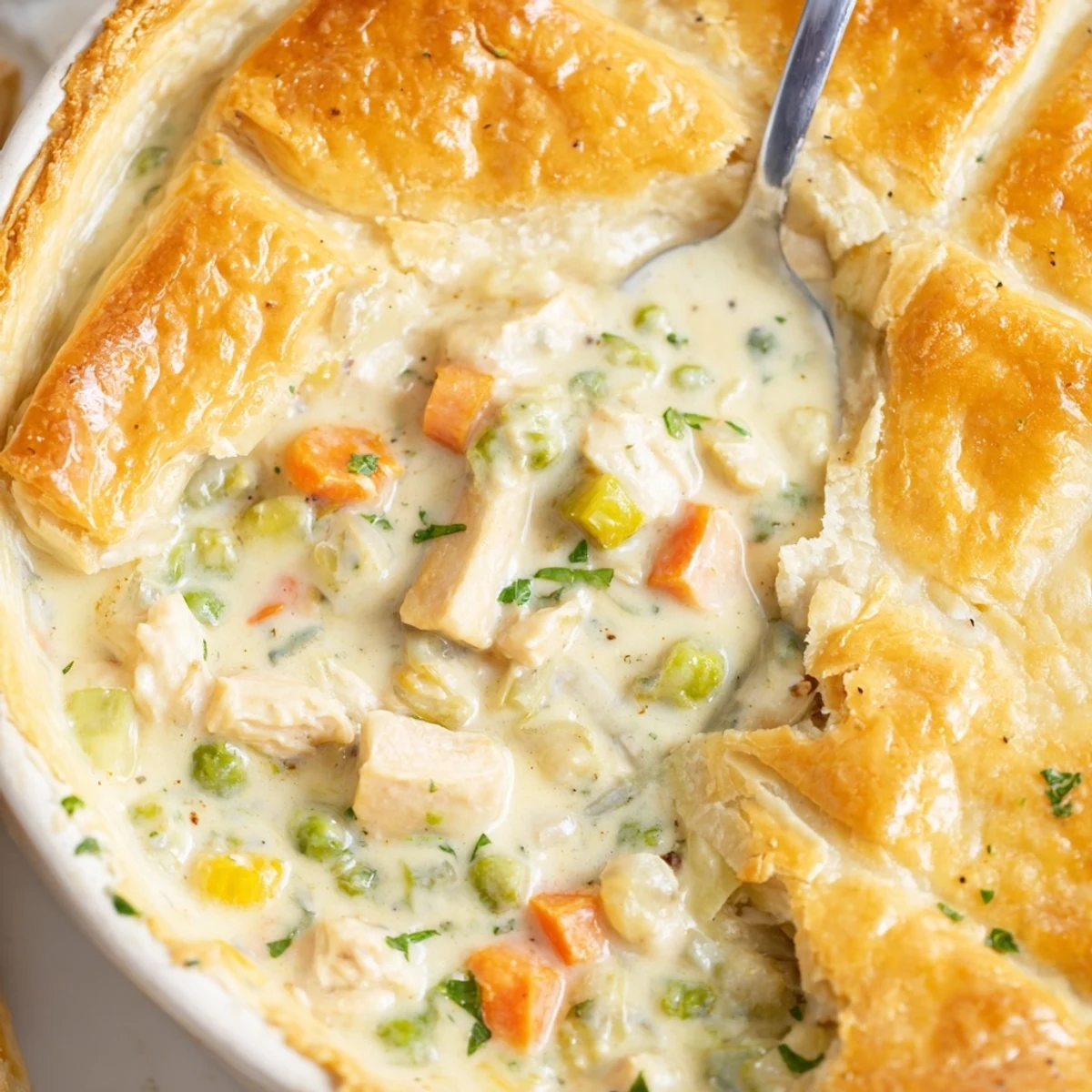 Savory Chicken Pot Pie with Biscuit Crust served in a white dish, with tender chicken and veggies peeking through the buttery, golden-brown biscuit topping.