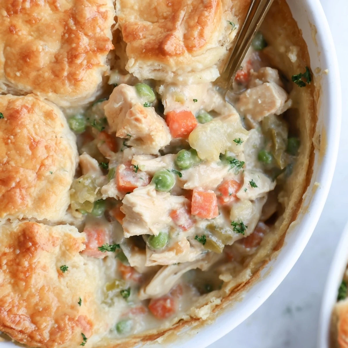 Comforting slice of Chicken Pot Pie with Biscuit Crust on a wooden board, revealing layers of creamy chicken filling and flaky, freshly baked biscuits.