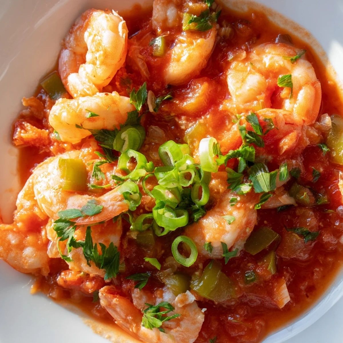Tender shrimp simmer in a rich, tomato-based Creole sauce beside a mound of fluffy white rice.  