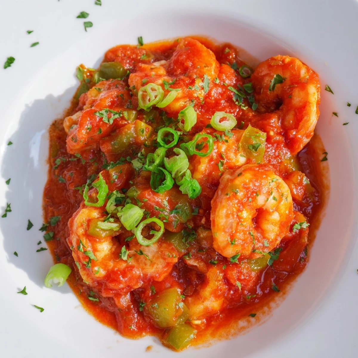 A steaming bowl of Shrimp Creole ladled over fluffy white rice, garnished with fresh parsley and green onions.  