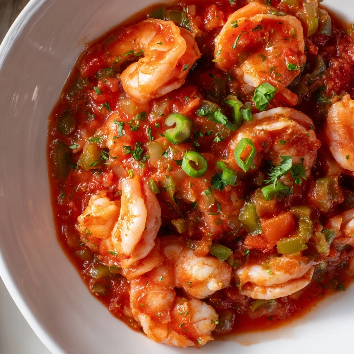 Spicy Shrimp Creole served hot over white rice, with lemon wedges and vibrant parsley for garnish.