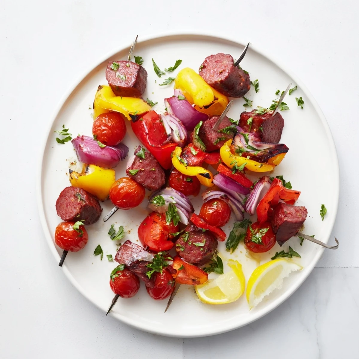 Sizzling Beef Sausage Skewers with Peppers grill alongside colorful peppers and onions for a vibrant weeknight dinner.