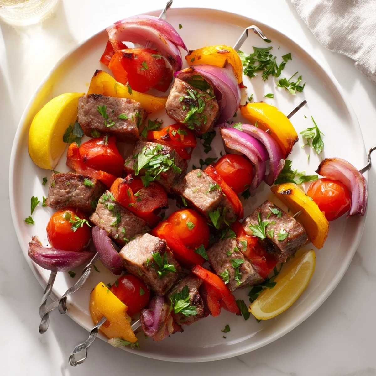 Grilled Beef Sausage Skewers with Peppers glisten with smoky char, served hot with fresh parsley and lemon wedges.