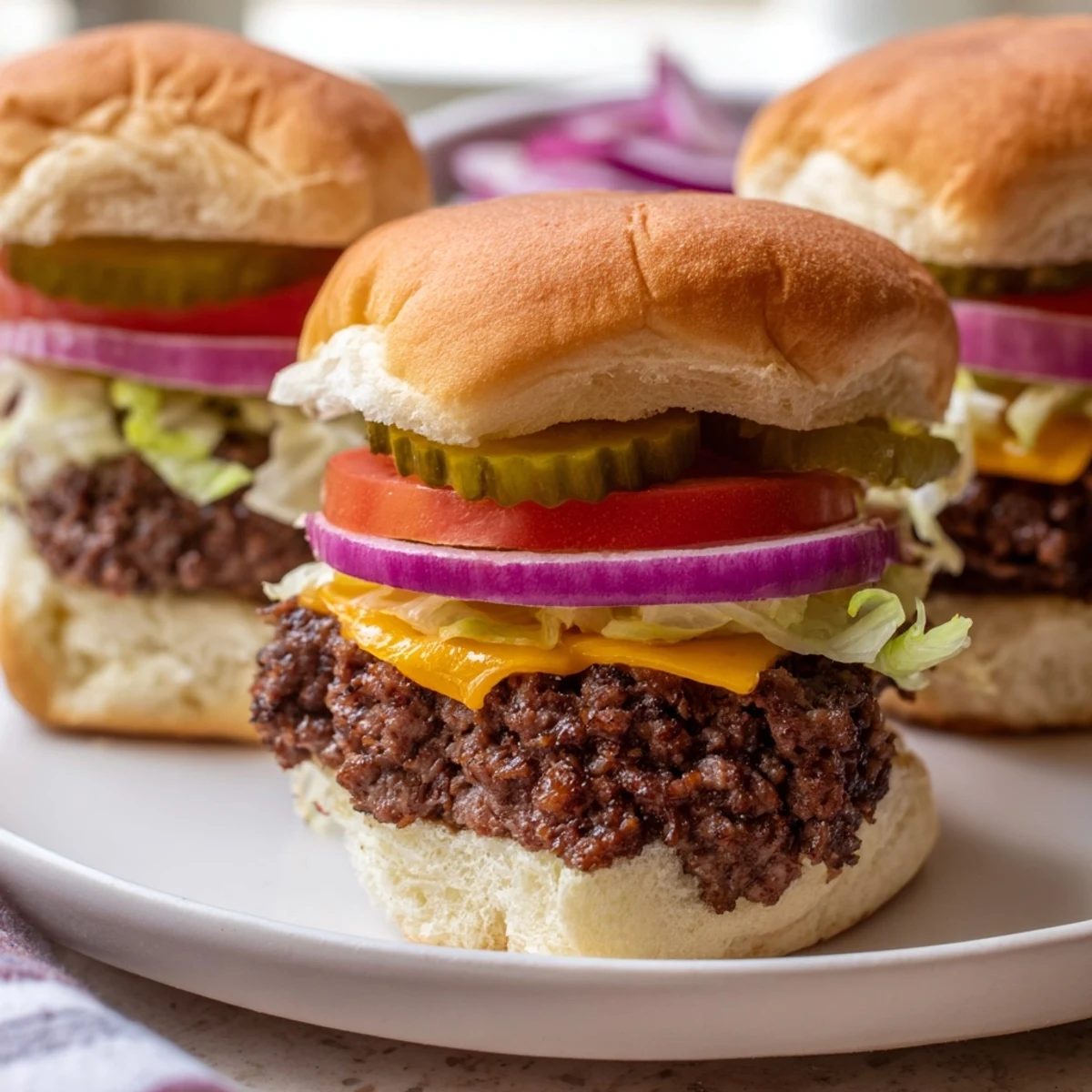 Golden beef sliders with melted cheddar cheese sit on soft buns, garnished with fresh lettuce and tomato, ready for a party or game day.  
