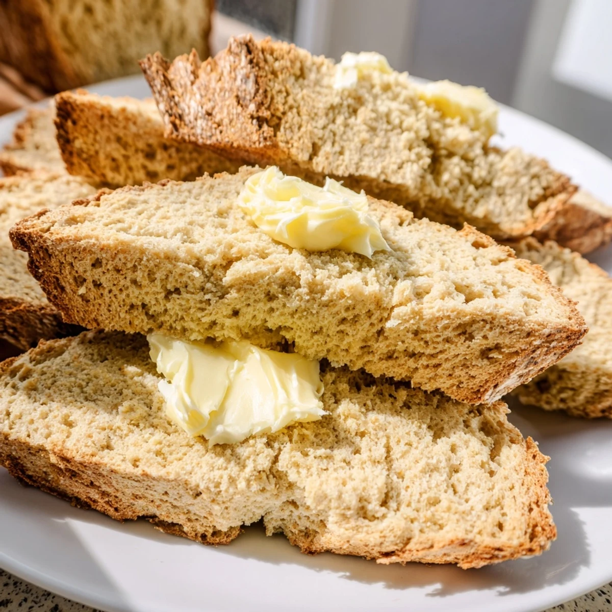 A warm slice of Irish soda bread reveals a tender crumb, perfect for slathering with rich Irish butter.