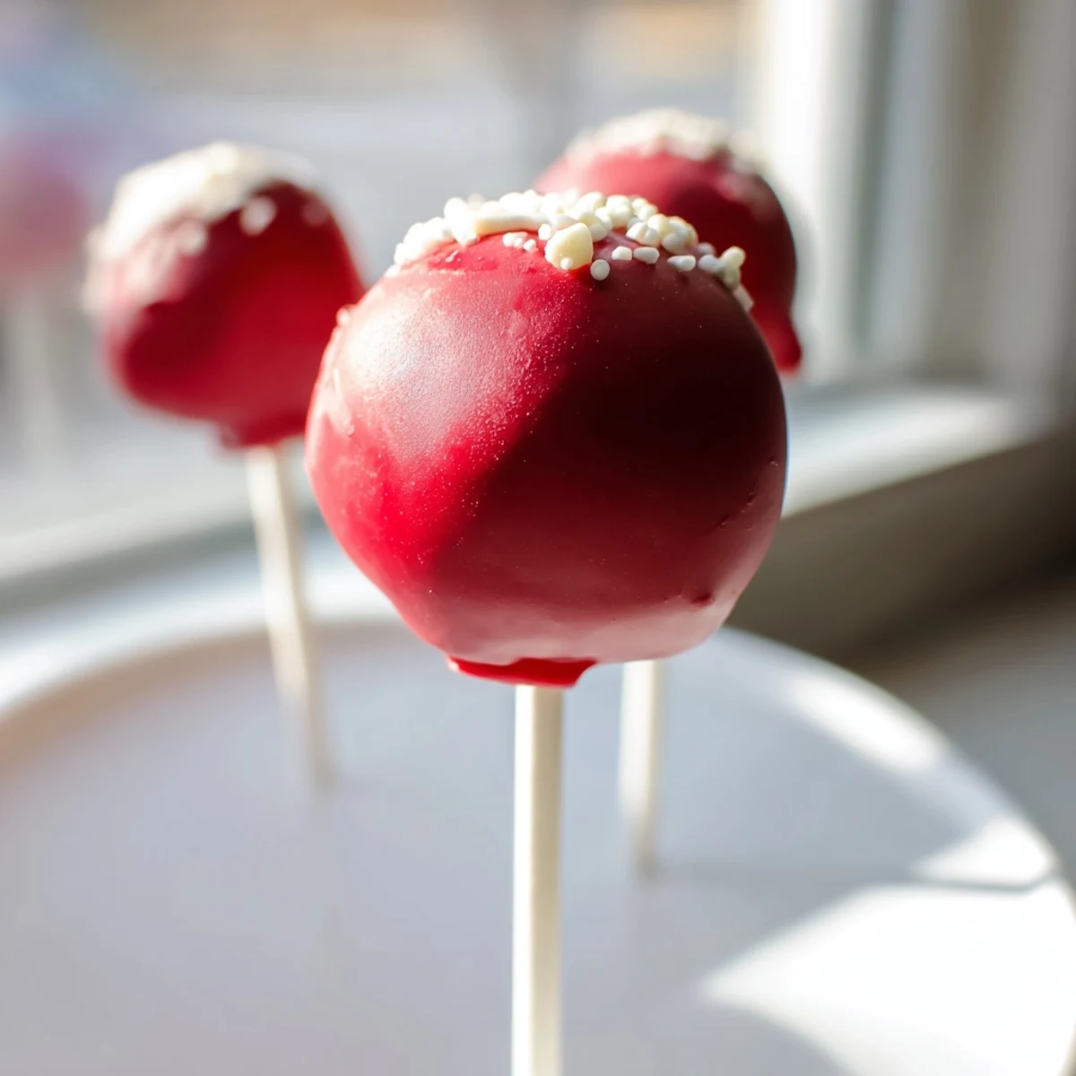 Moist red velvet cake balls dipped in creamy white chocolate, arranged on a wooden platter.