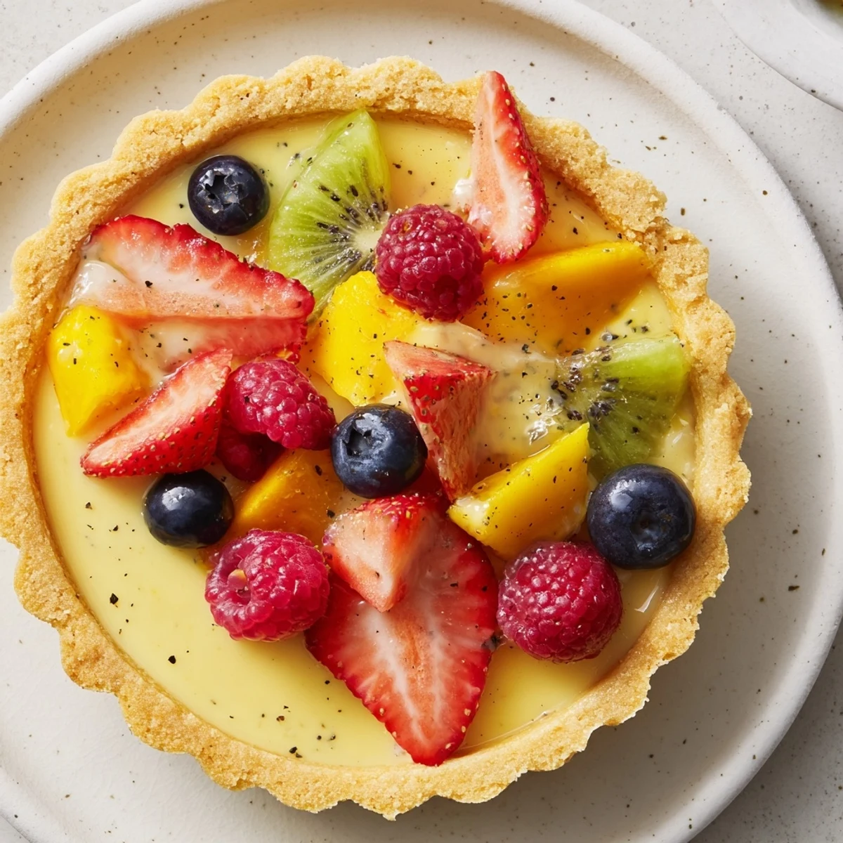 The baked Fruit Tart with Vanilla Custard reveals a golden crust filled with creamy custard and topped with vibrant mixed berries. 