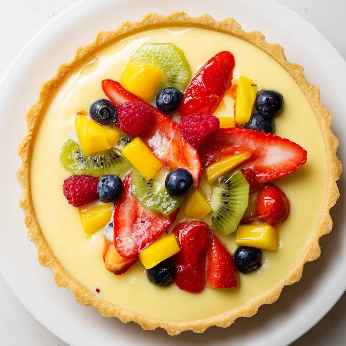 A close-up of Fruit Tart with Vanilla Custard shows glossy apricot glaze over ripe strawberries, kiwi, and blueberries on a crisp crust. 