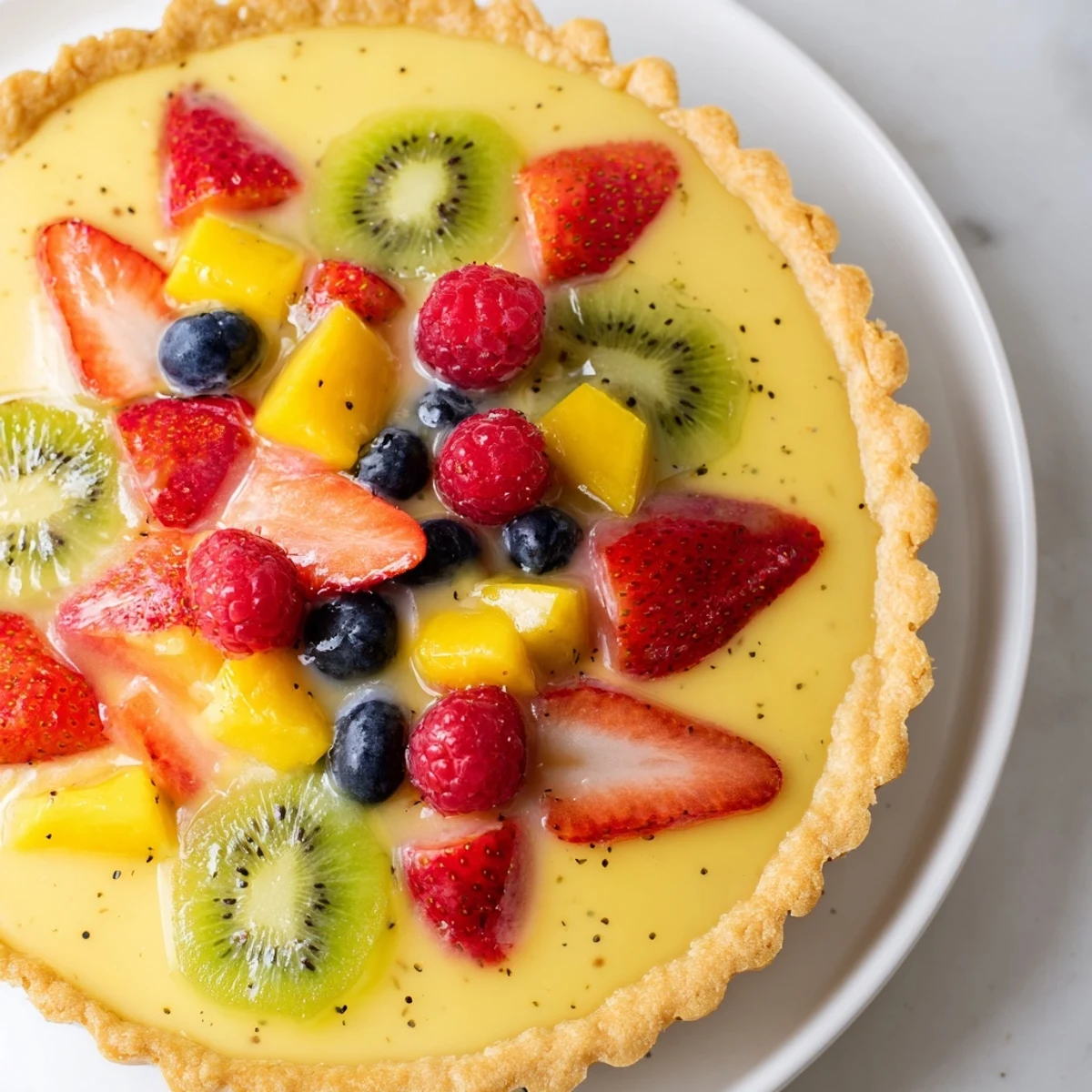 For serving, a slice of Fruit Tart with Vanilla Custard sits beside a fork, highlighting silky custard and fresh seasonal fruit.