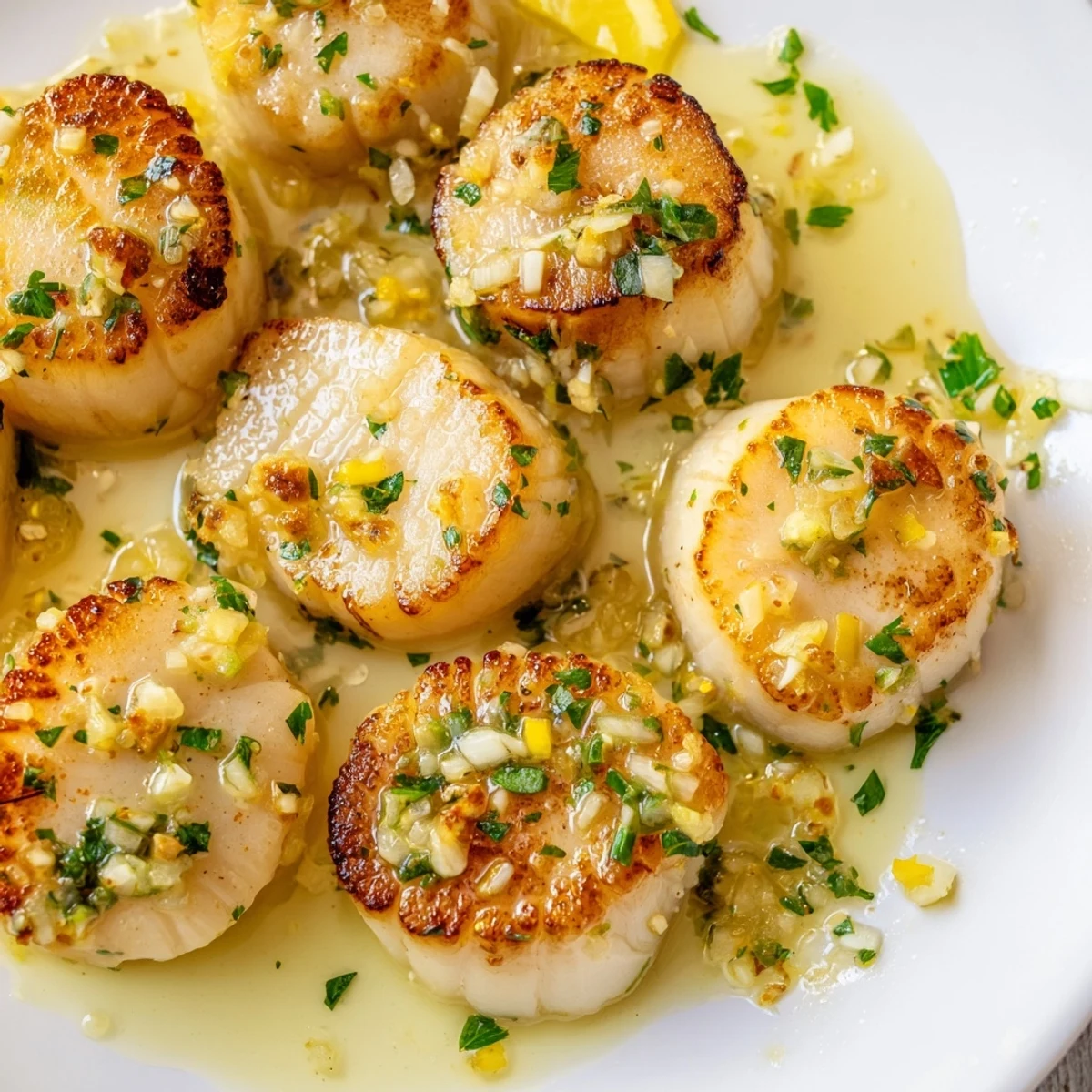 Lemon Garlic Scallops served hot over creamy risotto with lemon wedges for an elegant meal.