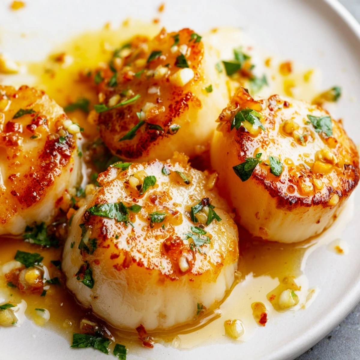 Pan-seared Lemon Garlic Scallops arranged neatly with fresh parsley and a zesty lemon butter sauce.