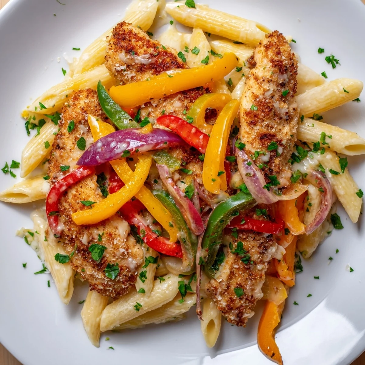 Creamy Cajun Chicken Pasta with Peppers served hot in a skillet, garnished with fresh parsley.  
