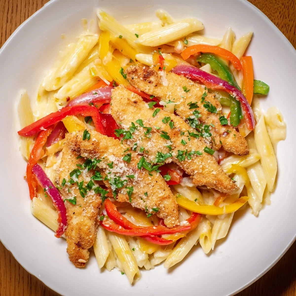 Colorful bell peppers and tender chicken strips tossed in a rich, spicy sauce over penne pasta.  