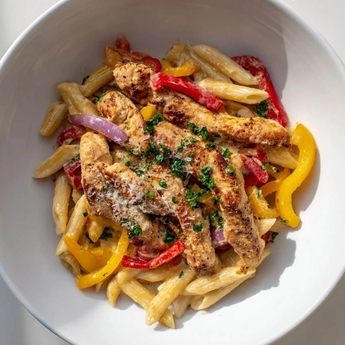 Steaming skillet of Cajun Chicken Pasta with Peppers, perfect for a cozy weeknight dinner.