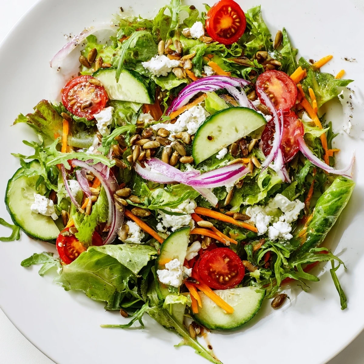 Fresh Spring Mix Salad with Vinaigrette tossed with cherry tomatoes, cucumber, and crumbled feta for a vibrant side dish.