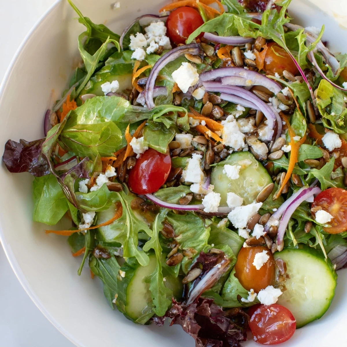 A plated Spring Mix Salad with Vinaigrette featuring juicy tomatoes, red onion slices, and a light, tangy homemade dressing.