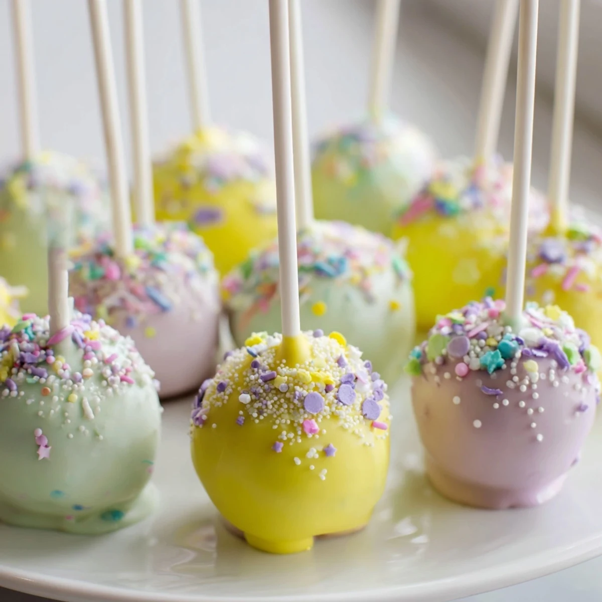 Close-up of Easter Egg Cake Pops showing crumbly vanilla cake interiors and a sweet vanilla frosting filling after biting into one.