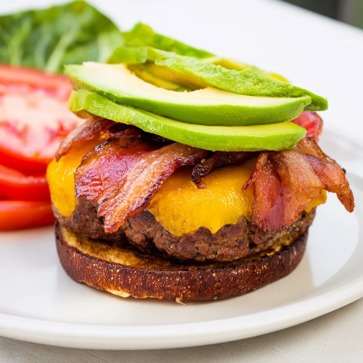 A close-up of a classic beef burger with avocado and bacon on a toasted bun, garnished with fresh lettuce and tomato.