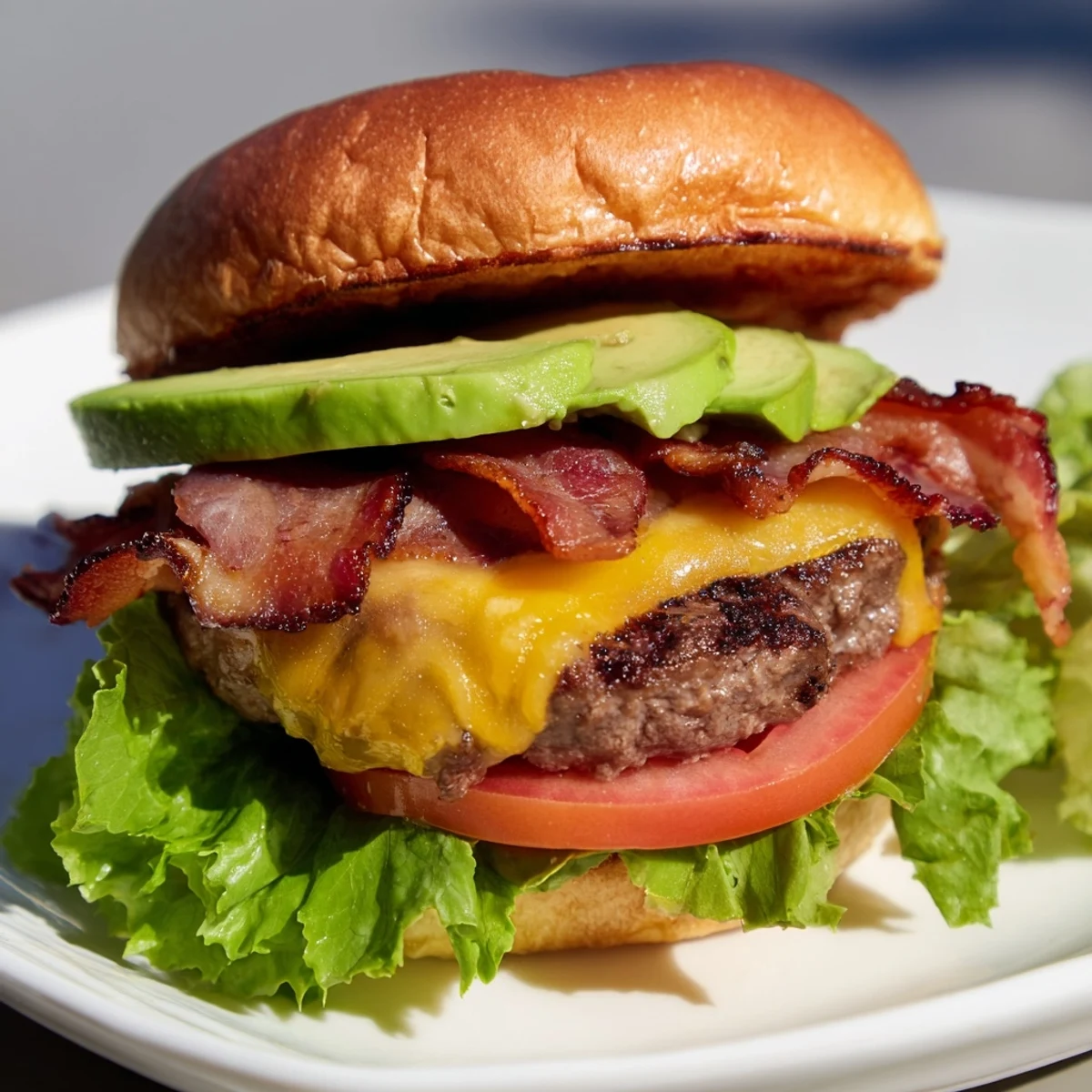 Juicy beef burger with creamy avocado and crispy bacon, served on a golden toasted bun with a side of sweet potato fries.