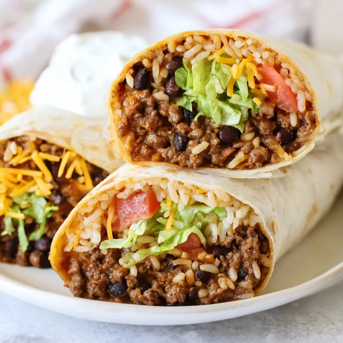 The hearty Beef Burrito with Beans and Rice is cut in half, revealing layers of melted cheddar cheese, crisp lettuce, and fresh diced tomatoes.