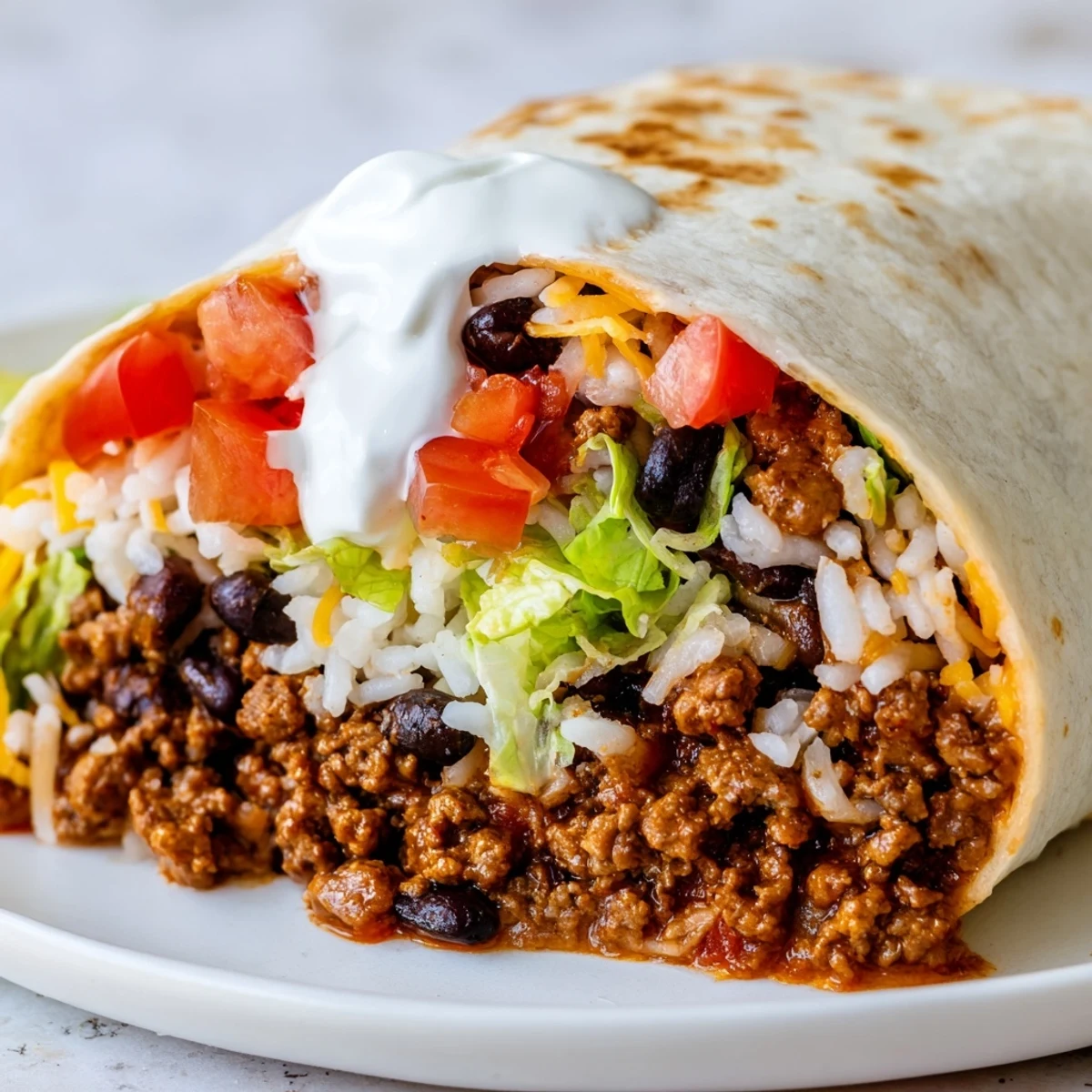 A close-up of a freshly assembled Beef Burrito with Beans and Rice, overflowing with seasoned ground beef, black beans, and fluffy rice on a wooden table.