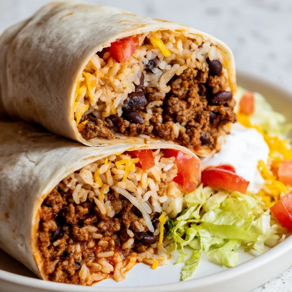 A fully wrapped Beef Burrito with Beans and Rice sits beside a bowl of sour cream and a jar of hot sauce, ready to serve.