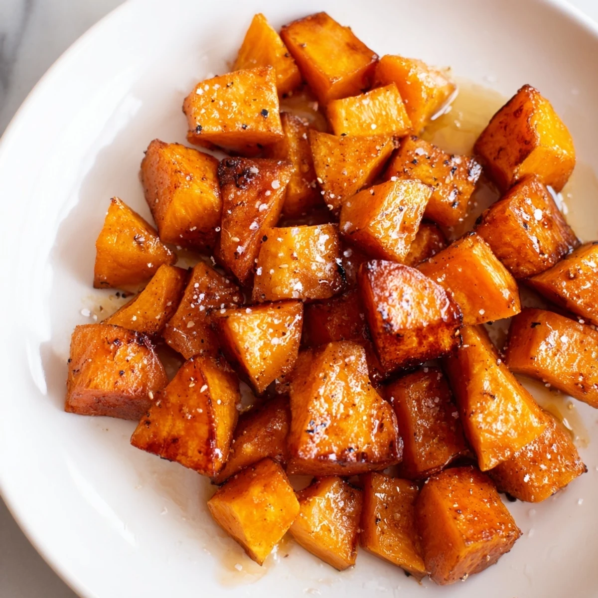 Tender, caramelized cubes of roasted sweet potatoes with cinnamon, glistening with olive oil and ready to serve alongside a weeknight dinner.