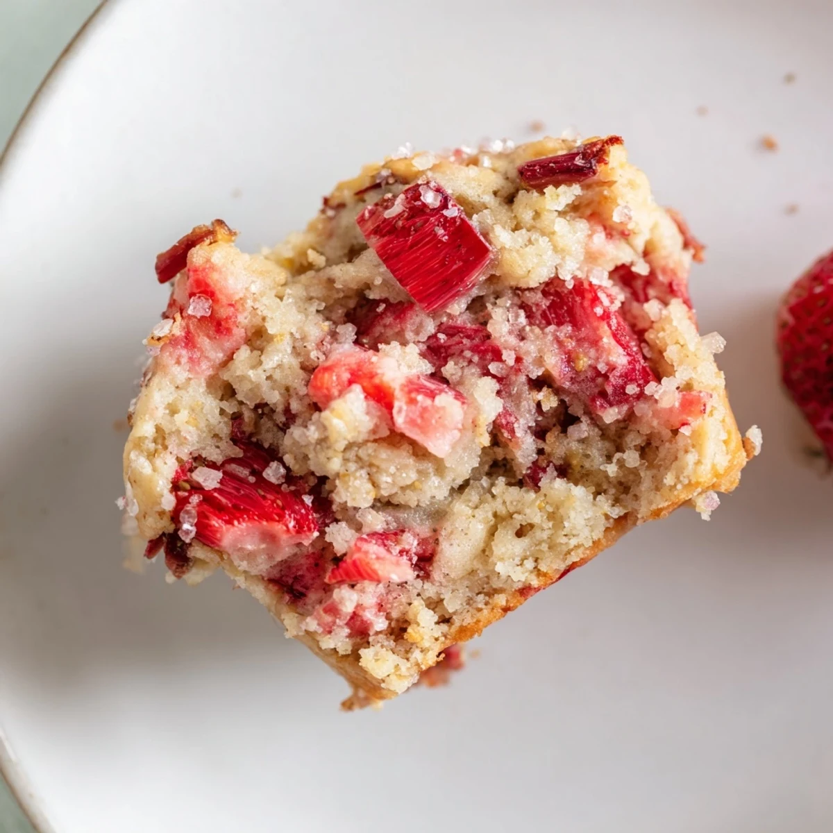 Golden brown Strawberry Rhubarb Muffins topped with coarse sugar, ready for a sweet breakfast or snack.