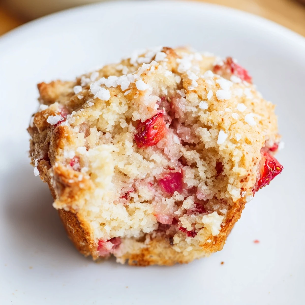 Warm Strawberry Rhubarb Muffins served on a rustic plate, highlighting the juicy strawberries and tangy rhubarb.