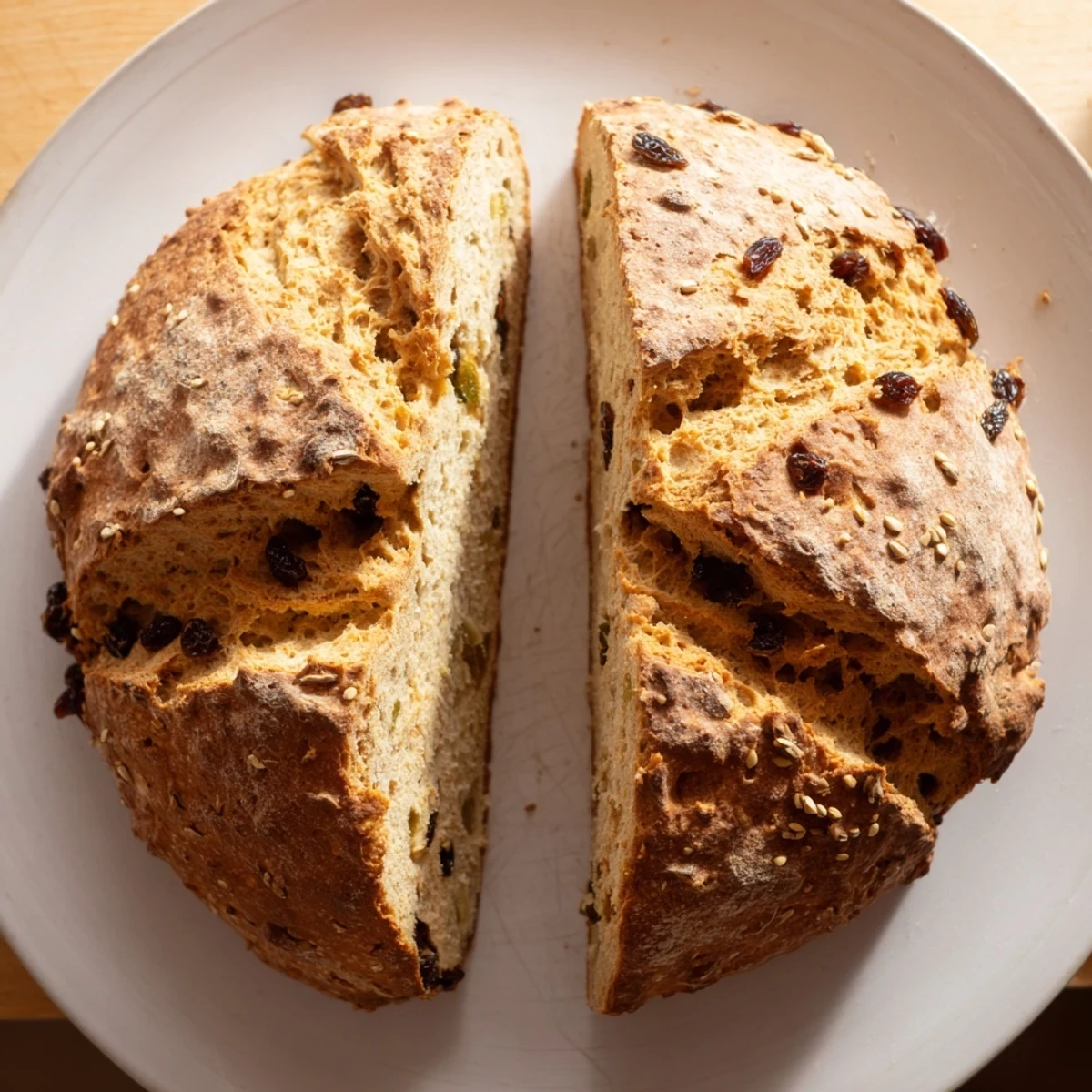 A freshly baked loaf of Irish Soda Bread with Caraway on a rustic wooden board, showcasing its golden-brown crust and craggy interior studded with caraway seeds.