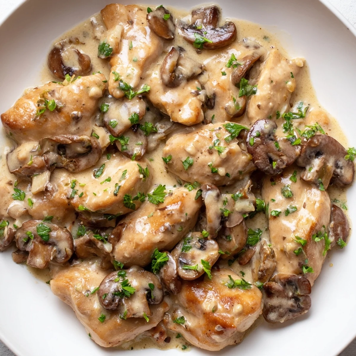 Golden-brown chicken breasts rest in a rich, creamy mushroom sauce with sautéed onions and garlic, garnished with fresh parsley.