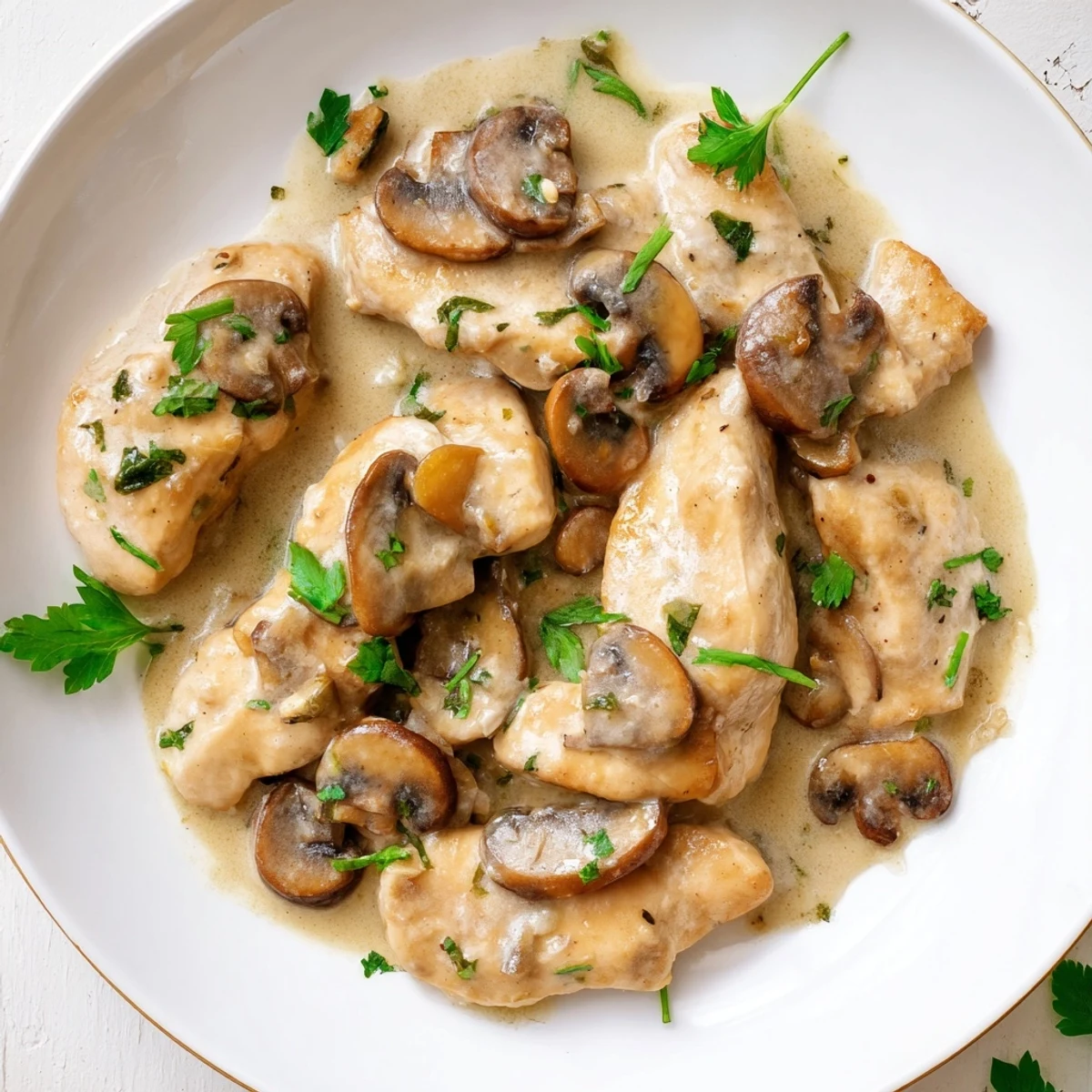Tender chicken simmered in a savory mushroom and cream sauce, ready to serve with crusty bread for a comforting meal.