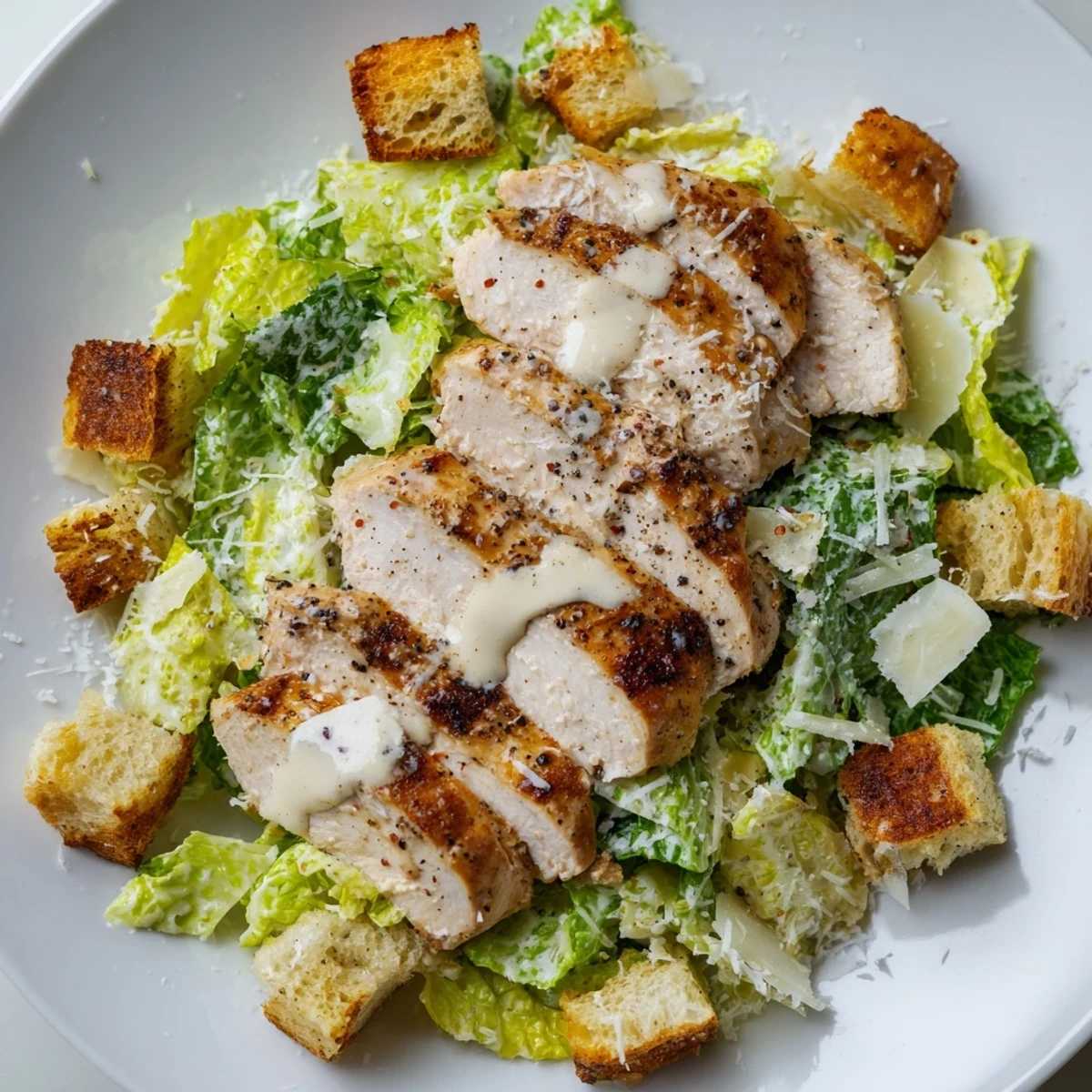 Freshly grilled chicken slices rest atop crisp romaine lettuce in a Chicken Caesar Salad with Homemade Croutons, finished with creamy dressing and shaved Parmesan.