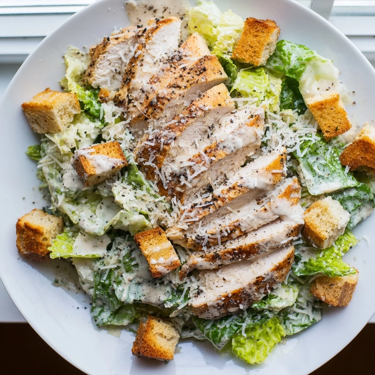 A close-up of golden, crunchy homemade croutons scattered over a hearty Chicken Caesar Salad with Homemade Croutons, showcasing juicy grilled chicken and shaved Parmesan.