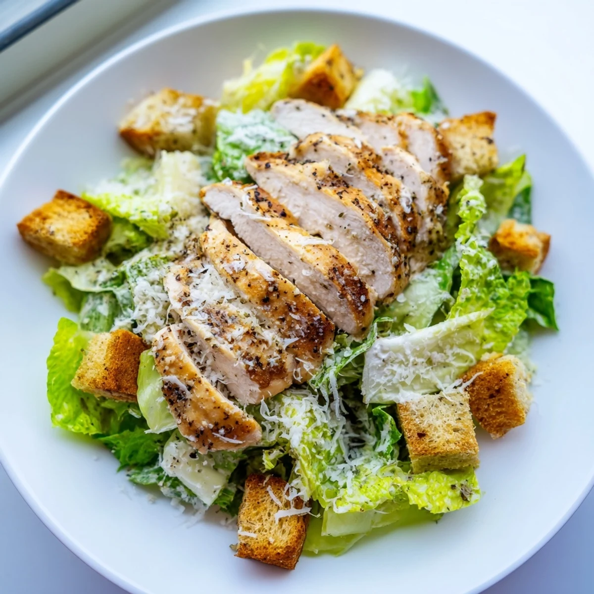 This vibrant Chicken Caesar Salad with Homemade Croutons features a platter of crisp greens, tender grilled chicken, and crunchy croutons ready for a family dinner.