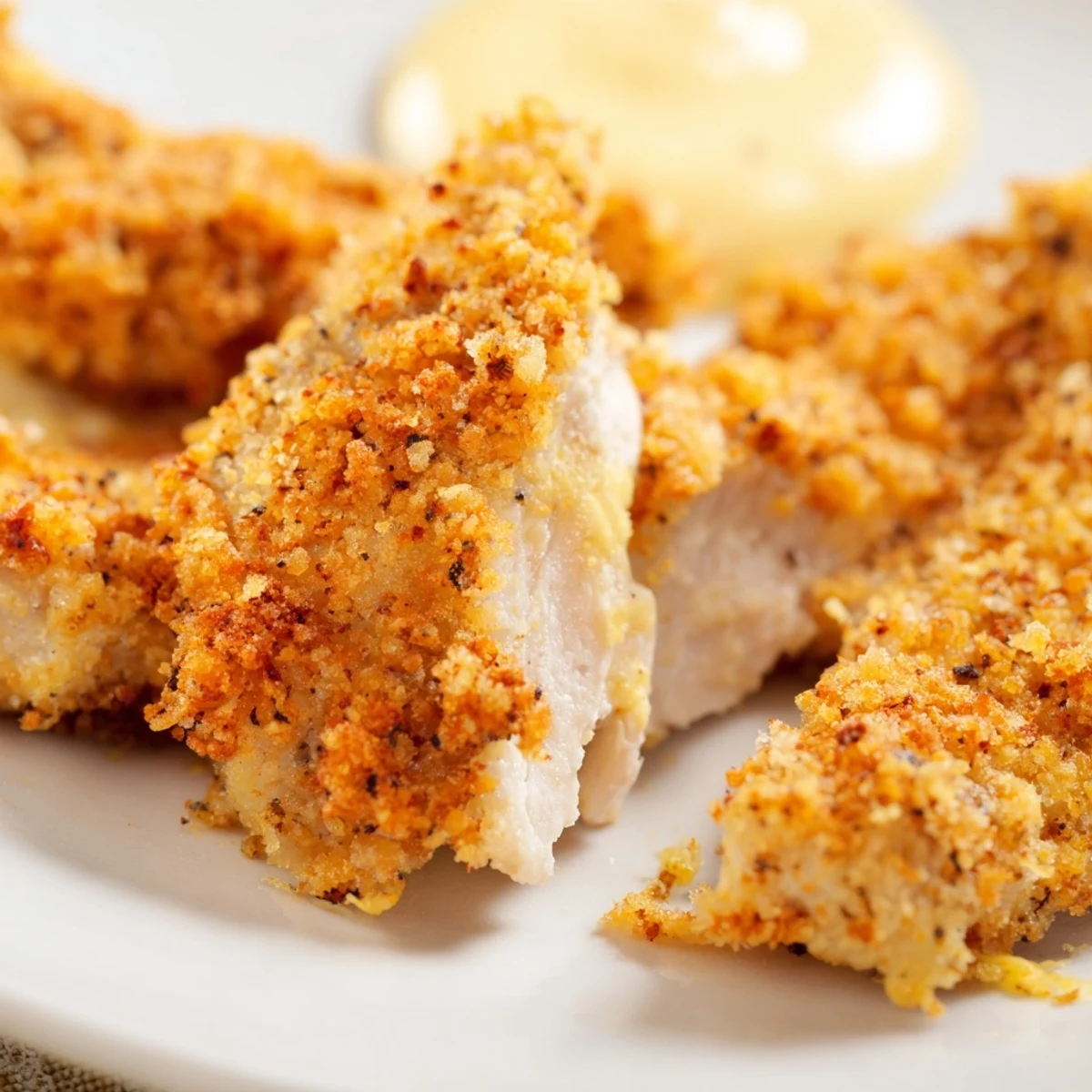 Golden brown Crispy Baked Chicken Tenders with Honey Mustard arranged on a plate with a small dipping bowl.