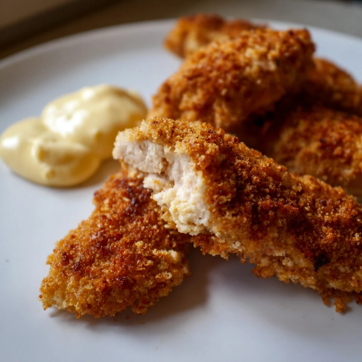 Freshly baked Crispy Baked Chicken Tenders with Honey Mustard served alongside fries and a colorful salad.