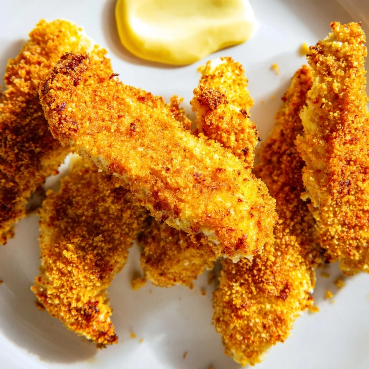 Close-up view of juicy Crispy Baked Chicken Tenders with Honey Mustard showing a crunchy breadcrumb coating.