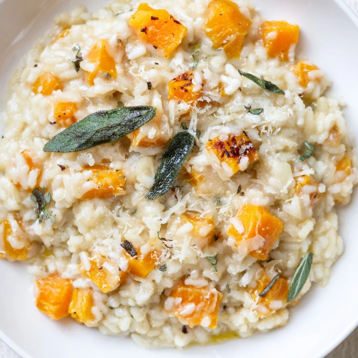 A close-up of creamy Winter Squash Risotto with Sage and Parmesan served in a rustic bowl, featuring tender squash cubes and fresh sage leaves.