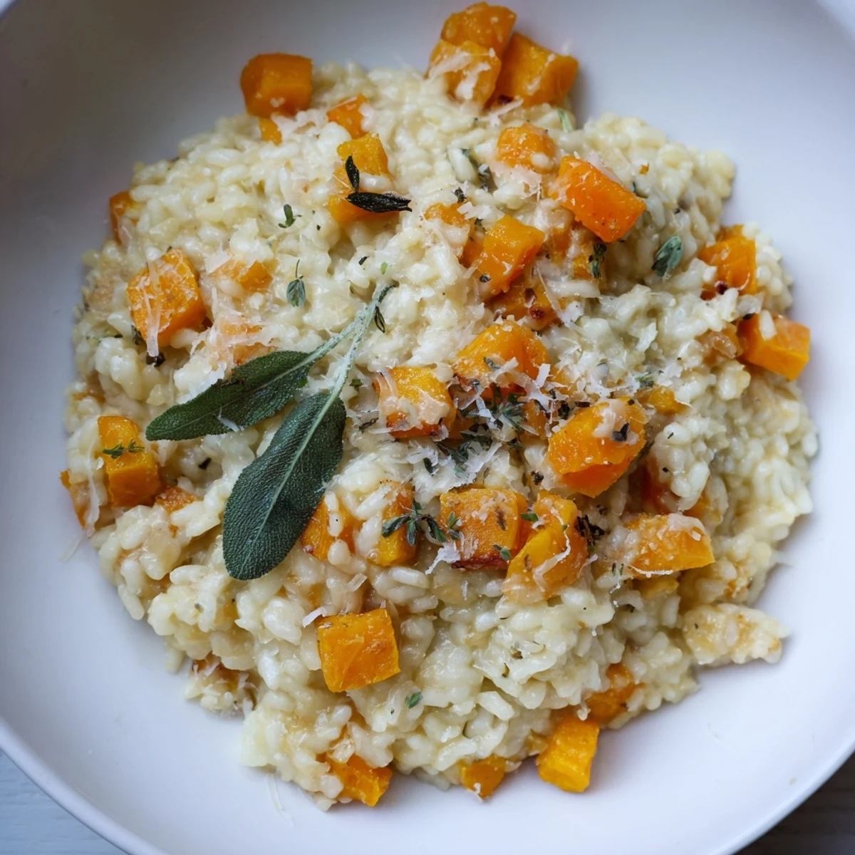 Hearty spoonful of Winter Squash Risotto with Sage and Parmesan reveals golden grains, melted cheese, and aromatic herbs on a cozy autumn dinner table.