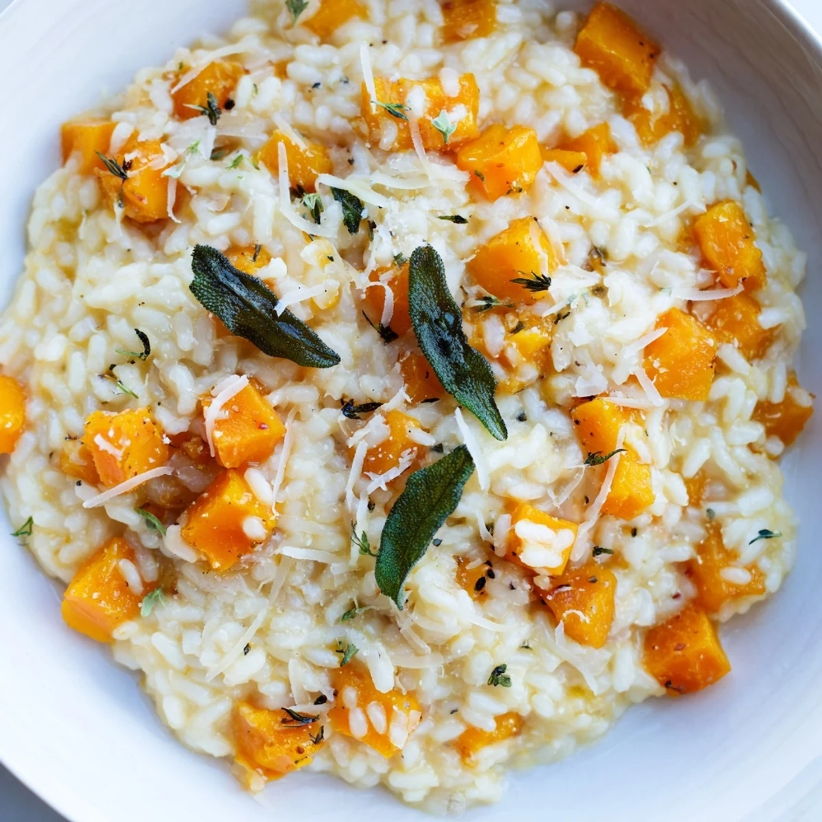 Overhead view of Winter Squash Risotto with Sage and Parmesan garnished with extra Parmesan and sage, beside a glass of white wine and crusty bread.