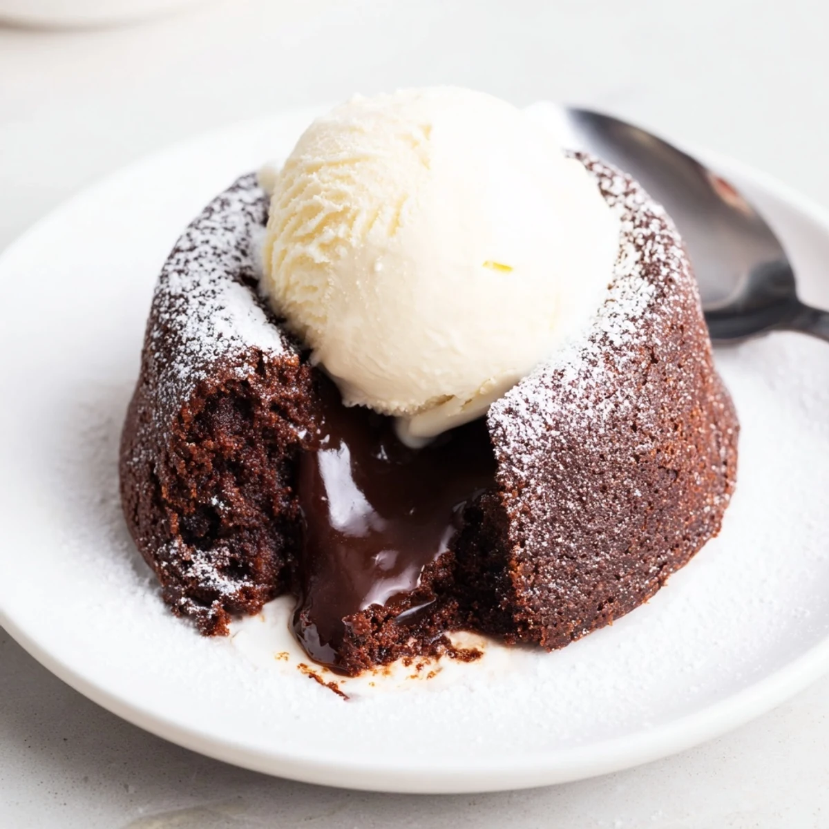 Warm chocolate lava cakes sit beside creamy vanilla ice cream on a white plate, with a gooey center and dusted cocoa.