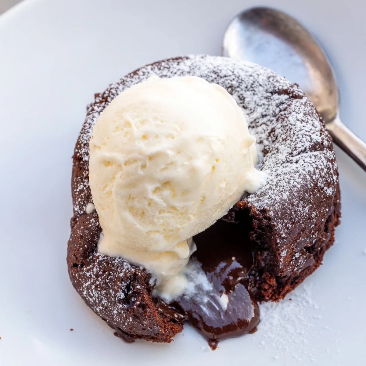 Golden-brown ramekins hold Chocolate Lava Cakes with Vanilla Ice Cream, garnished with fresh mint and powdered sugar for a sweet finish.