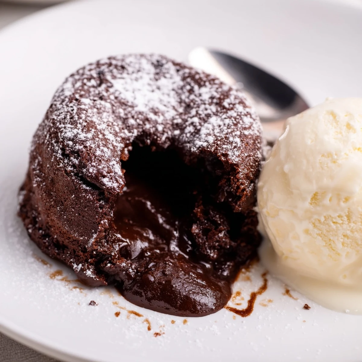 A close-up of Chocolate Lava Cakes with Vanilla Ice Cream shows melting chocolate and rich vanilla scoop for an indulgent dessert.